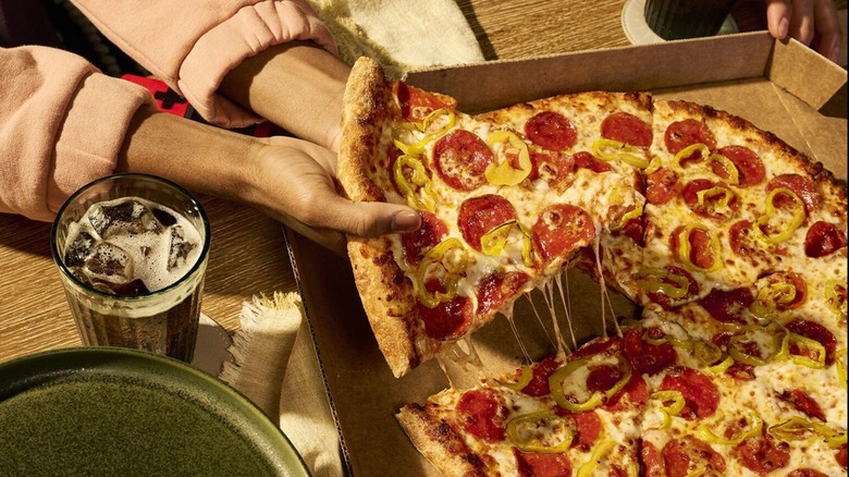 Hands holding pizza slice