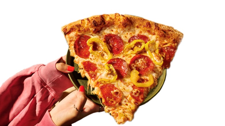 Hand holding pizza slice