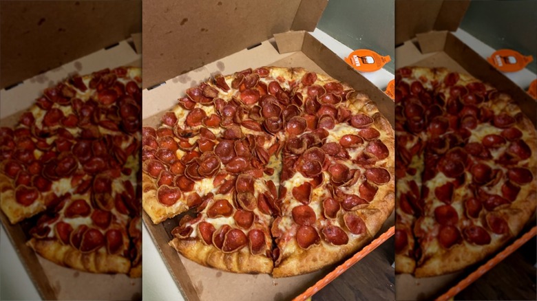 Pizza topped with lots of pepperoni