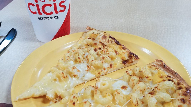 two slices of Cicis Mac and Cheese Pizza