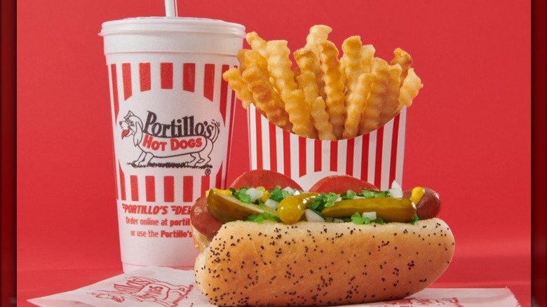 Portillo's hot dog, fries, drink