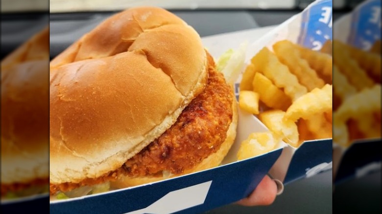 Hand holding breaded chicken sandwich and fries