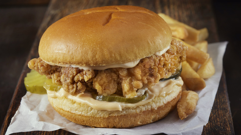 Fried chicken sandwich on bun