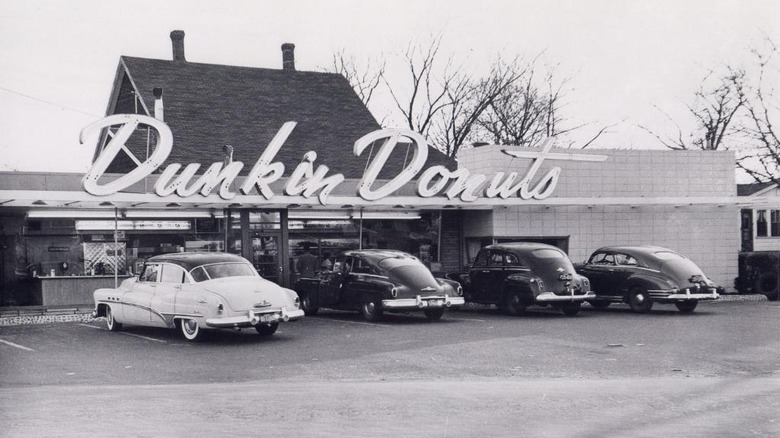 Black and white 1950s Dunkin' Donuts exterior