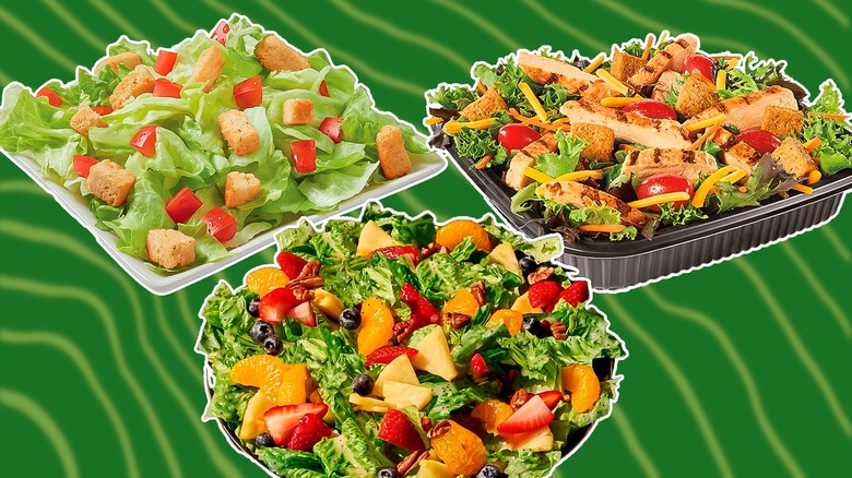 Three salads on green background