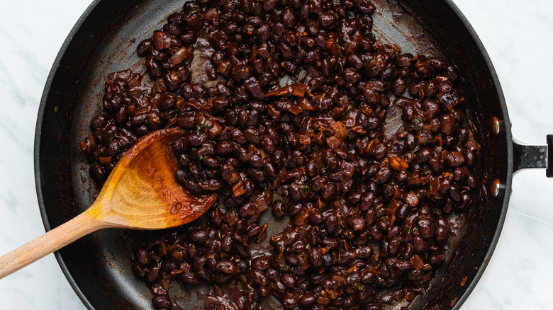 black beans in pan