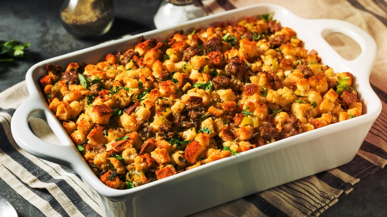 stuffing in a casserole dish