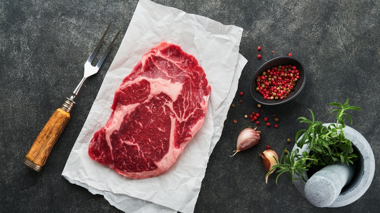 marbled raw ribeye steak