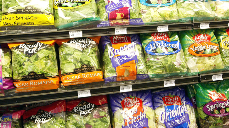 close up of bagged salads