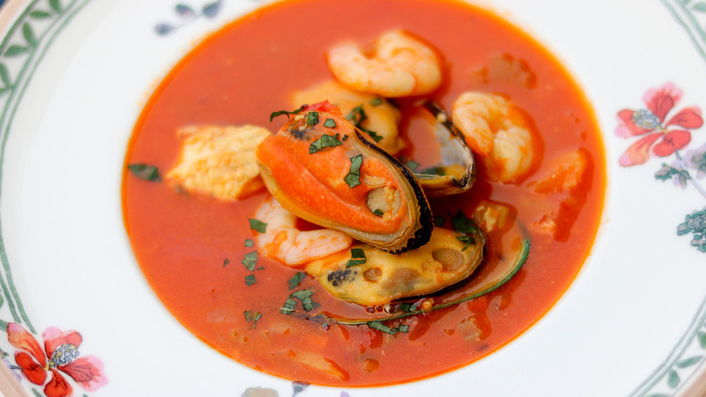 bowl of homemade bouillabaisse with mussels and shrimp