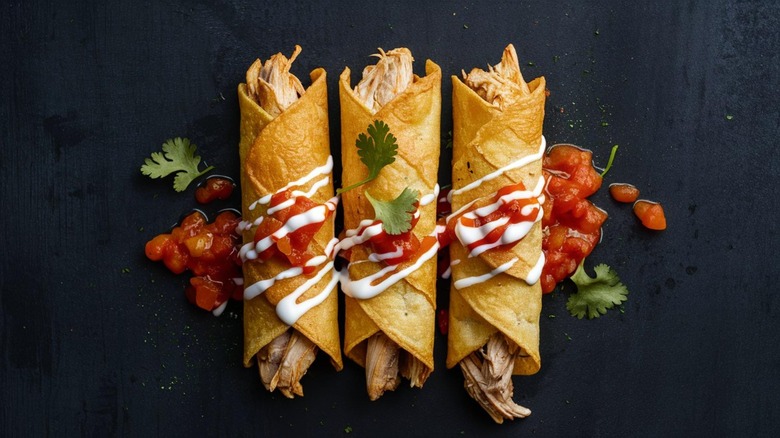 Crispy chicken flautas with sour cream and tomatoes