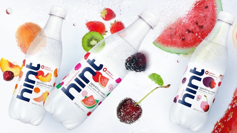 Three flavors of Hint water with pieces of fruit