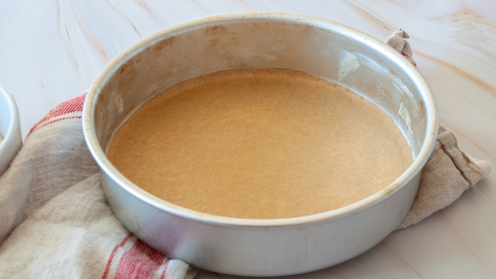 cake pan lined with parchment paper