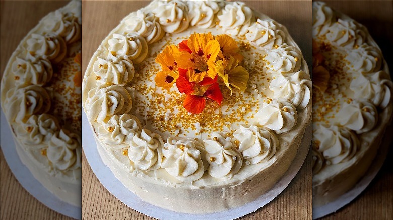 cake topped with nasturtium