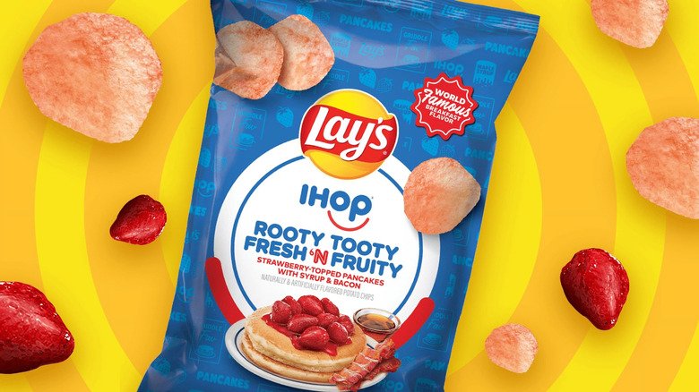 Lay's IHOP bag surrounded by chips and strawberries