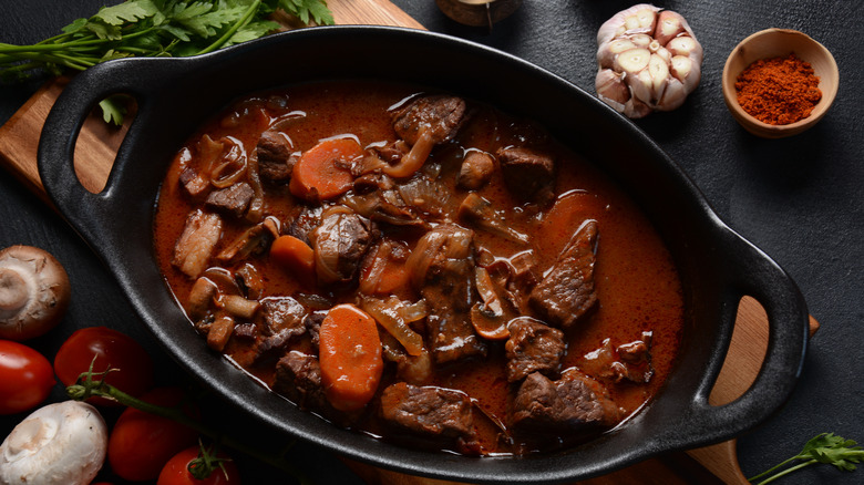 beef bourguignon in cast iron pan