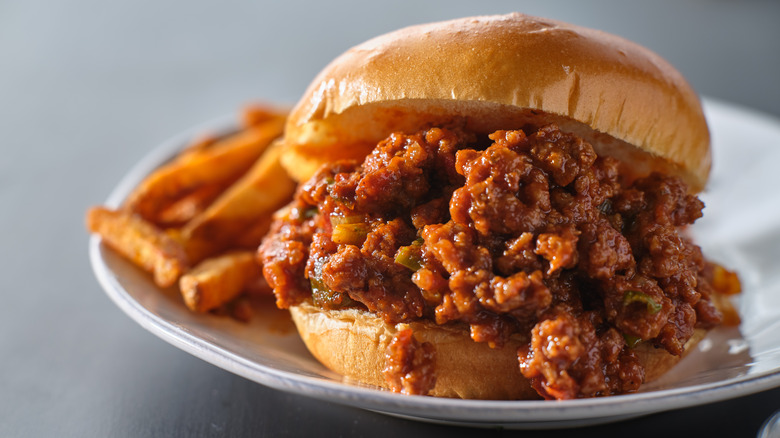 sloppy joe and fries on white plate