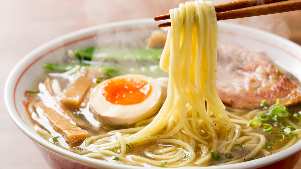 Ramen noodle soup with egg and meat