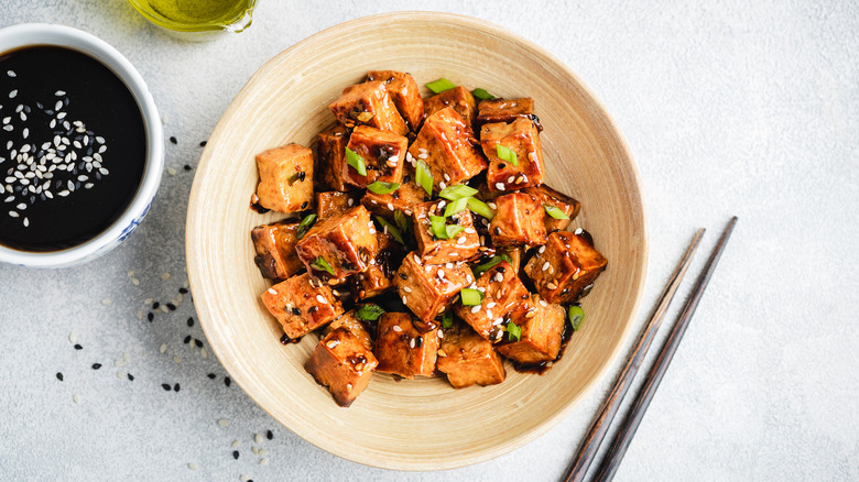 cooked tofu in a bowl