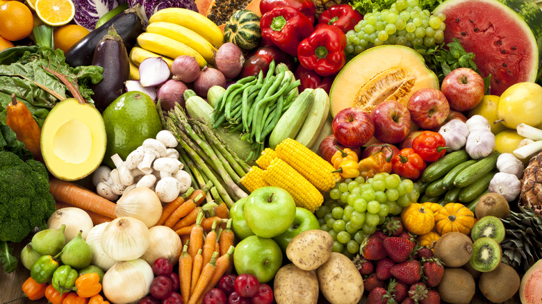 variety of fresh produce piled