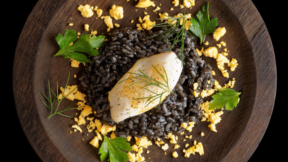 black rice with squid ink and calamari 