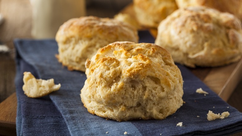 biscuits on wooden table with denim