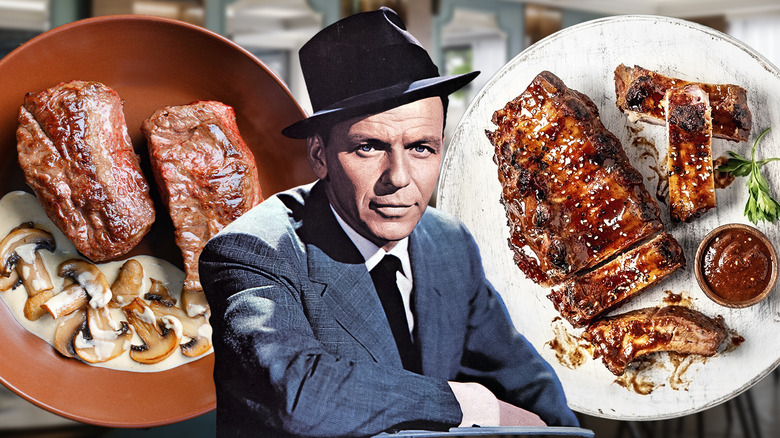 Frank Sinatra in suit and fedora with steak and ribs background