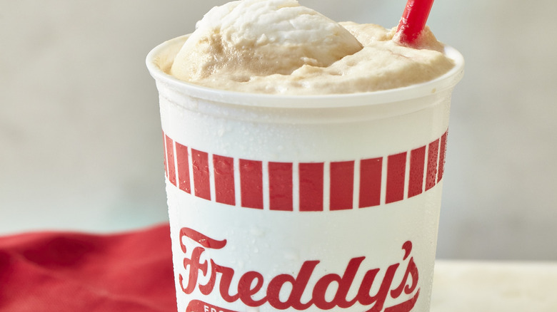 A Freddy's root beer float ready to drink