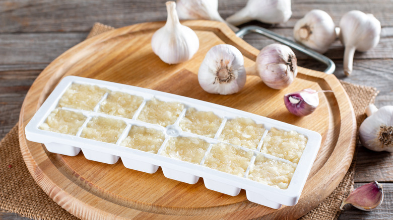 Garlic in ice cube tray