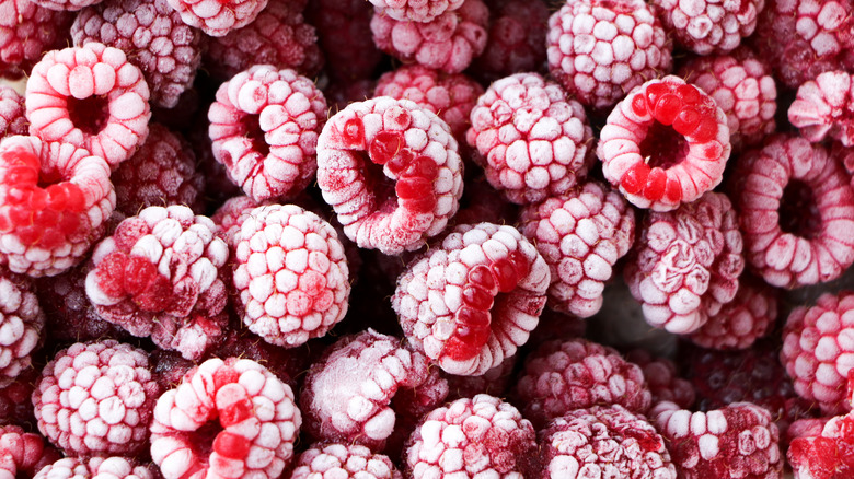 Raspberries covered in ice crystals