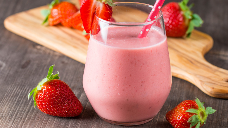 Glass of frozen strawberry milk