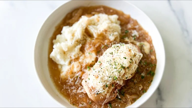 slow cooker French onion chicken white bowl