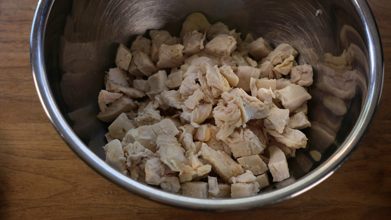 bowl of diced chicken