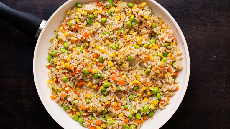 fried brown rice in skillet