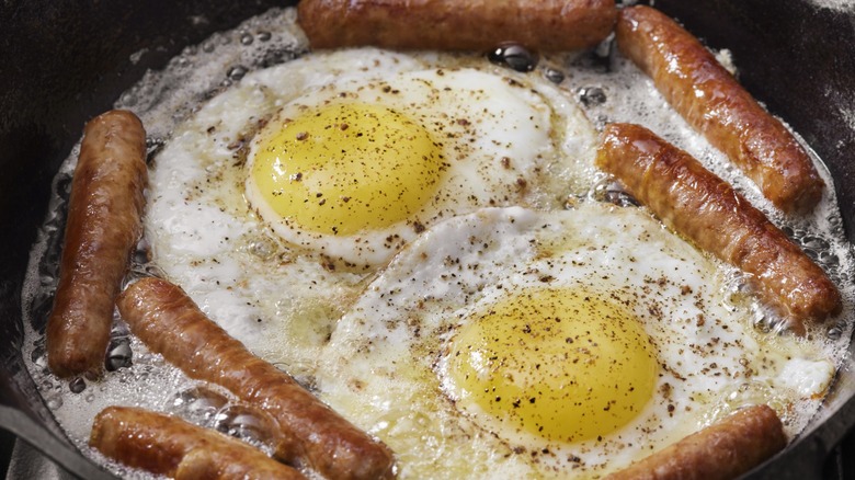 skillet fried eggs with sausage