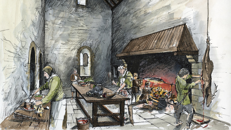 Medieval kitchen with spit roast