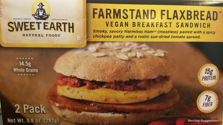Sweet Earth Farmstand Flaxbread Harmless Ham and Vegan Chickpea Patty Breakfast Sandwich