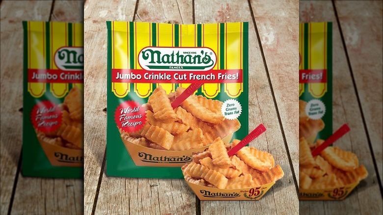 Bag of Nathan's Famous Jumbo Crinkle Cut French Fries on deck