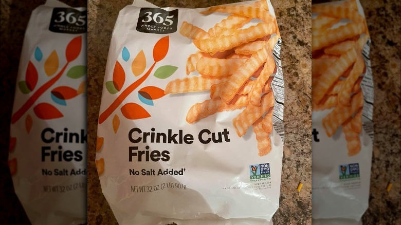 Bag of Whole Foods 365 Crinkle Cut Fries on counter