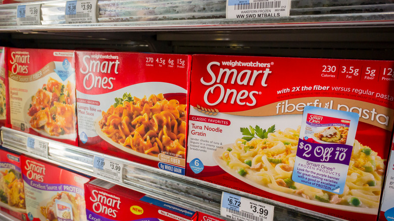 Smart Ones boxes in the freezer section at the grocery store