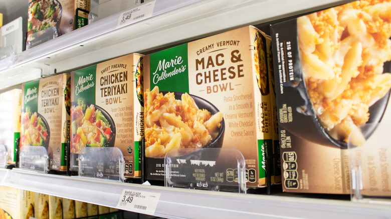 Marie Callender's boxes in the frozen section of a grocery store