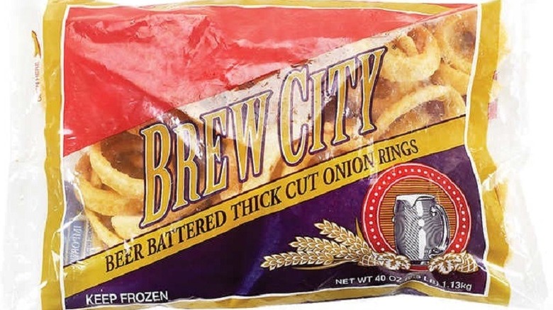 Bags of Brew City Beer Battered Thick Cut Onion Rings in grocery cart