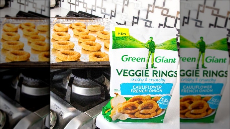 Bag and tray of Green Giant Veggie Rings on stove