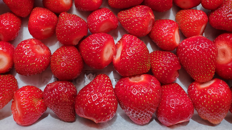 Whole fresh strawberries on tray