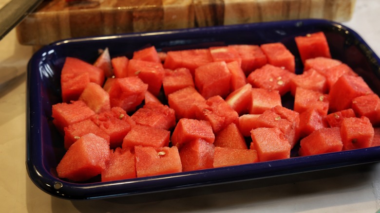 tray of watermelon cubes