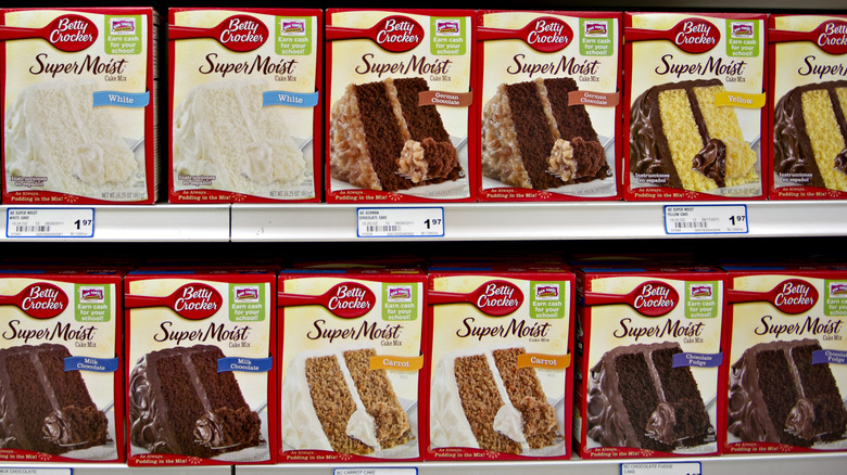 Various Betty Crocker cake mixes displayed