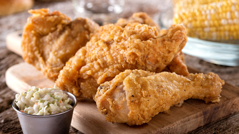 Fried chicken on brown wood