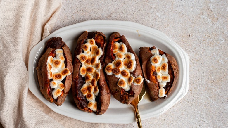Fully loaded baked sweet potato with marshmallows