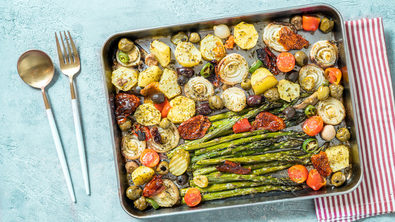 roasted vegetables on baking tray