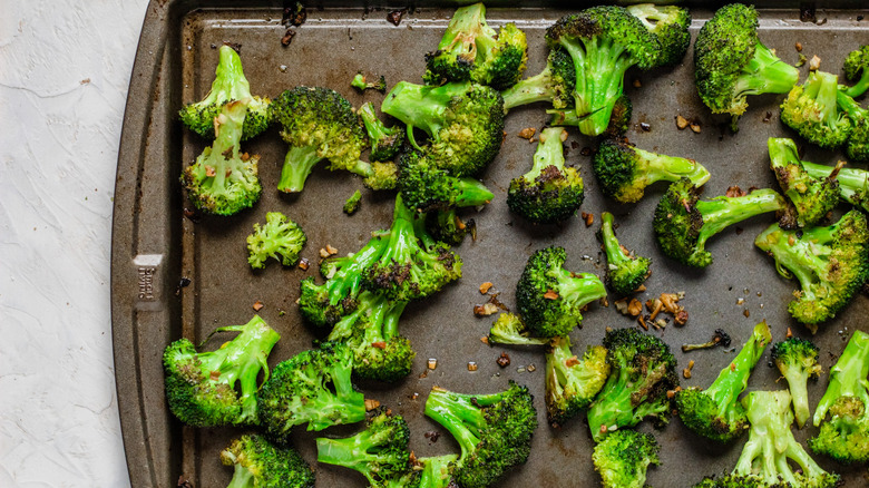 roasted broccoli on baking sheet